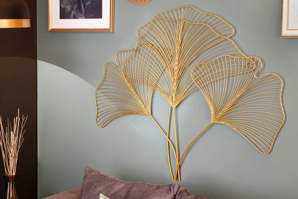 Estila Moderná florálna nástenná kovová dekorácia Biloba III zlatej farby 90cm