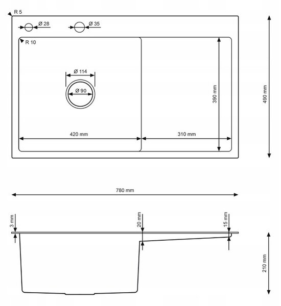 Erga HD, 1-komorový oceľový drez 780x490x210 mm, ľavý, grafitová, ERG-MLS-HD7849LB