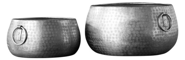 Estila Orientálny dizajnový set nízkych strieborných kvetináčov Cobre zo zliatiny kovu s okrúhlymi rukoväťami 40cm