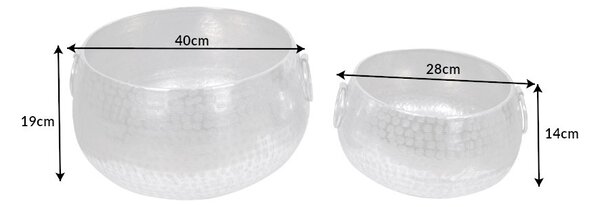 Estila Orientálny dizajnový set nízkych strieborných kvetináčov Cobre zo zliatiny kovu s okrúhlymi rukoväťami 40cm
