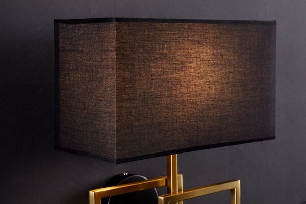 Estila Dizajnová nástenná lampa Metalia s geometrickou kovovou podstavou v zlatom prevedení a čiernym tienidlom 44cm