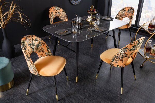 Estila Čalúnená art deco stolička Floreque v zlato-žltej farbe s tropickým vzorom a čiernymi nožičkami 83cm