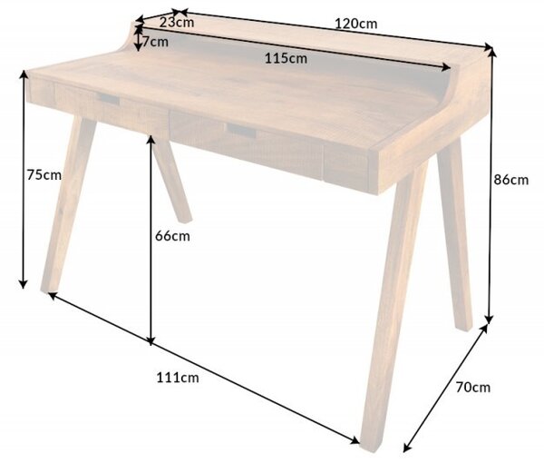 Estila Retro masívny písací stôl Akácia z mangového hnedého dreva s lakovaným povrchom na šikmých nožičkách so zásuvkami 120cm