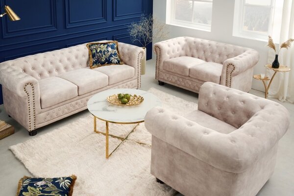 Estila Luxusné chesterfield kreslo Contessa s čalúnením vo farbe šampanského s prešívaním a kovovým zdobením 105cm