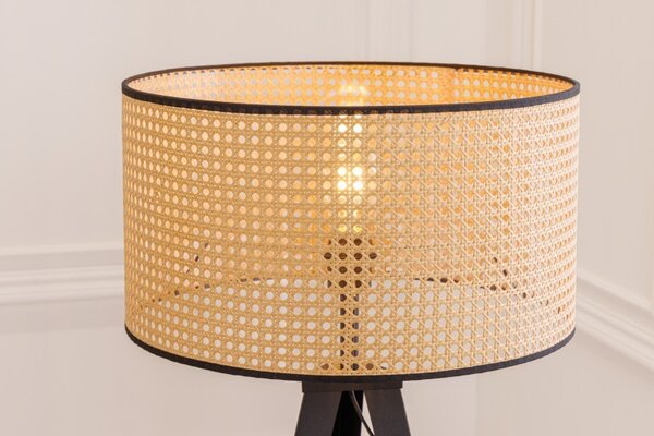 Estila Moderná stojaca lampa Citadel s okrúhlym tienidlom s viedenským výpletom svetlohnedej farby a čiernymi nohami 140cm