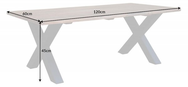 Estila Masívny industriálny konferenčný stolík Mammut z akácioévho dreva svetlohnedej farby s prekríženými čiernymi nohami 120cm