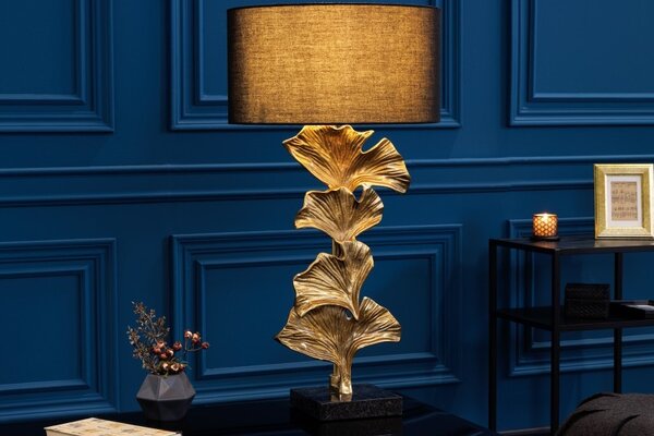 Estila Glamour art deco stolná lampa Ginko zlatej farby s čiernym okrúhlym tienidlom 70cm