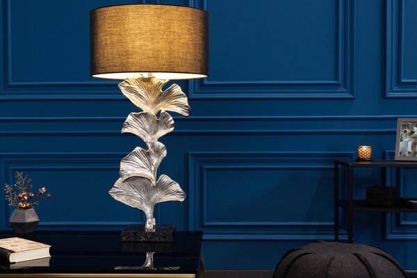 Estila Dizajnová art deco stolná lampa Ginko striebornej farby z kovu s čiernym okrúhlym tienidlom 70cm