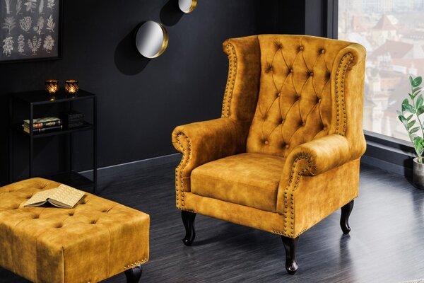 Estila Dizajnová taburetka Cella s Chesterfield zamatovým čalúnením s drevenými nožičkami horčicovo žltá 80cm