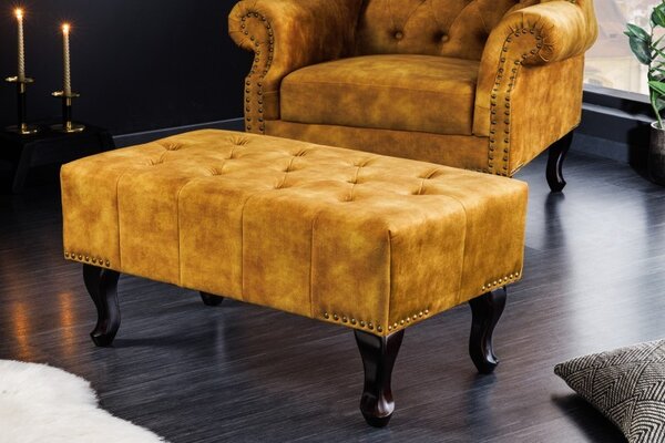 Estila Dizajnová taburetka Cella s Chesterfield zamatovým čalúnením s drevenými nožičkami horčicovo žltá 80cm