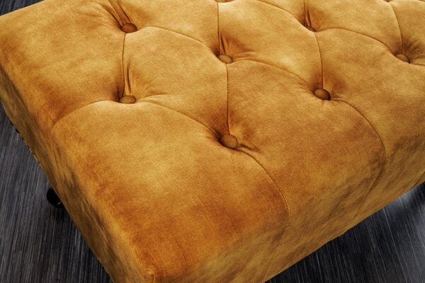 Estila Dizajnová taburetka Cella s Chesterfield zamatovým čalúnením s drevenými nožičkami horčicovo žltá 80cm