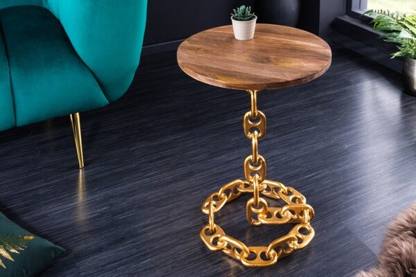 Estila Dizajnový okrúhly príručný stolík Belime Gold s ozdobnou zlatou konštrukciou z kovu a mangovou vrchnou doskou 54cm