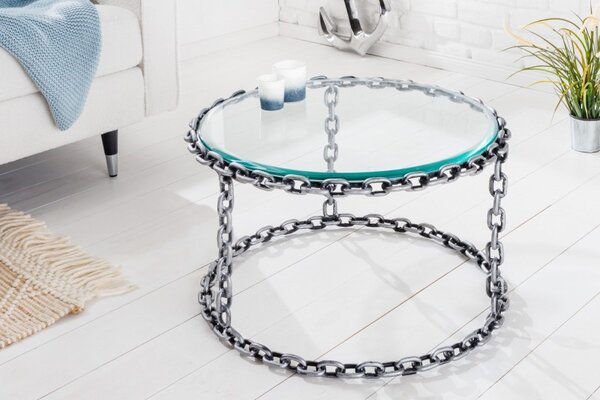 Estila Moderný okrúhly konferenčný stolík Belime Silver II s kovovou reťazovou konštrukciou a sklenenou doskou 40cm