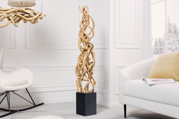 Estila Moderná exotická stojaca lampa Nathany z prírodne hnedého dreva s čiernym dreveným podstavcom 151cm