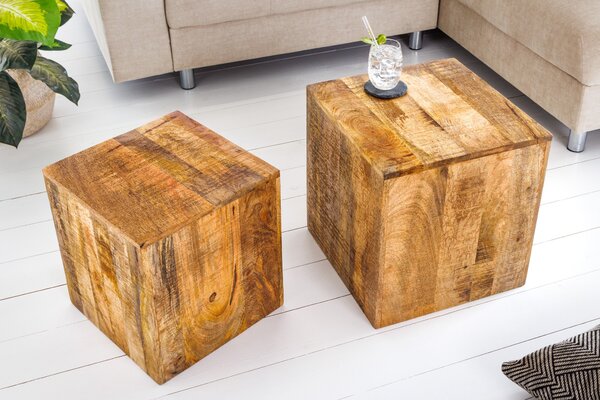 Estila Set masívnych štvorcových príručných stolíkov Cascara z mangového dreva v hnedej farbe 45/40cm