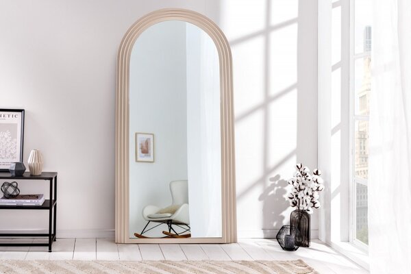Estila Art deco dizajnové zrkadlo Swan oblúkového tvaru s béžovým kaskádovým rámom 160cm