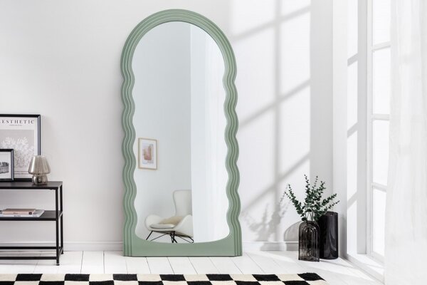 Estila Art deco moderné vysoké zrkadlo Swan s vlnitým rámom v pastelovej zelenej farbe 160cm