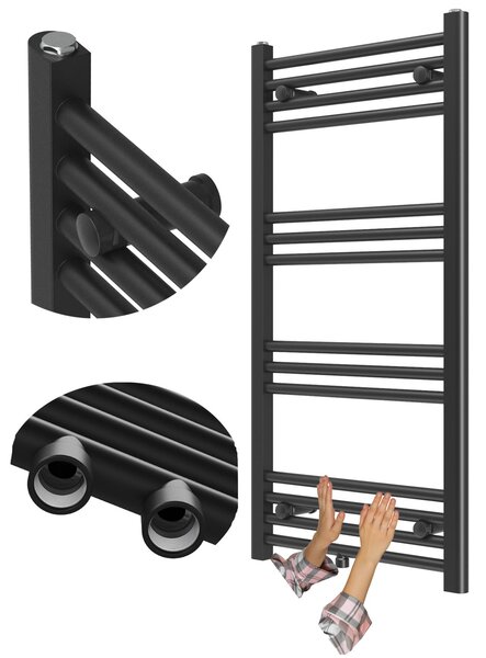 Granitan – kúpeľňový radiátor, radiátor na uteráky, dizajn v tvare rebríka, čierny, 100 x 50 cm – viacnásobné pripojenie – RAVEN