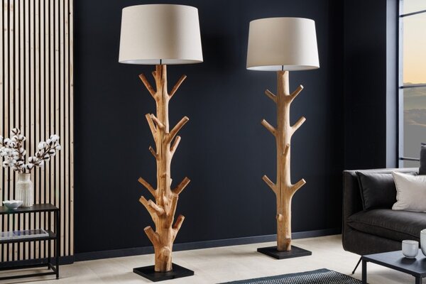 Estila Etno štýlová stojaca lampa Nature s hnedou masívnou podstavou a bielym tienidlom 175cm