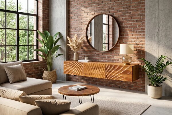 Estila Masívny dizajnový nástenný TV stolík Cumbria s tromi dvierkami s reliéfnym zdobením v prírodnej hnedej farbe 160 cm