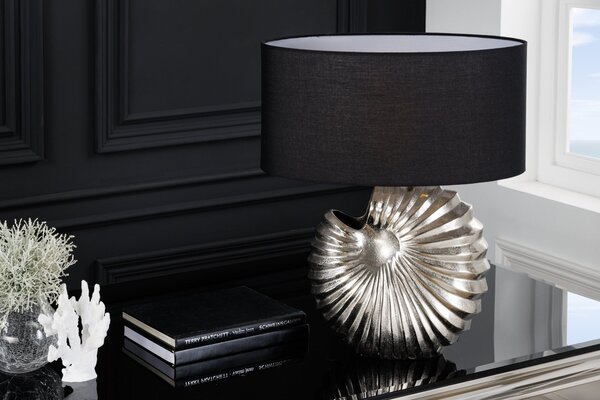 Estila Art deco dizajnová stolná lampa Alexa so striebornou podstavou a okrúhlym čiernym tienidlom 63cm