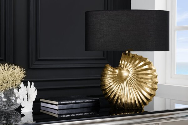 Estila Dizajnová stolná lampa Alexa v art deco štýle so zlatou podstavou a čiernym okrúhlym tienidlom 63cm