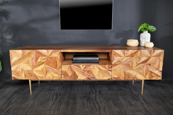 Estila Art deco masívny TV stolík Sovoy z palisandrového dreva prírodnej hnedej farby so zlatými nožičkami 160cm