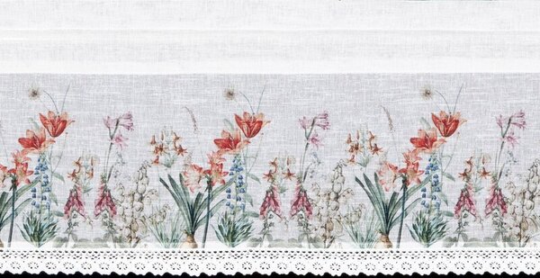 Dekorstudio Kuchynská záclonka NEMEZJA zdobená kvetinovou potlačou a čipkou 150 x 30 cm