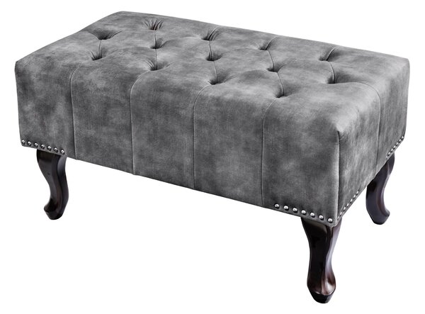 Estila Vintage taburetka Marlon so sivým zamatovým čalúnením s chesterfield prešívaním a masívnymi vyrezávanými nožičkami 80cm