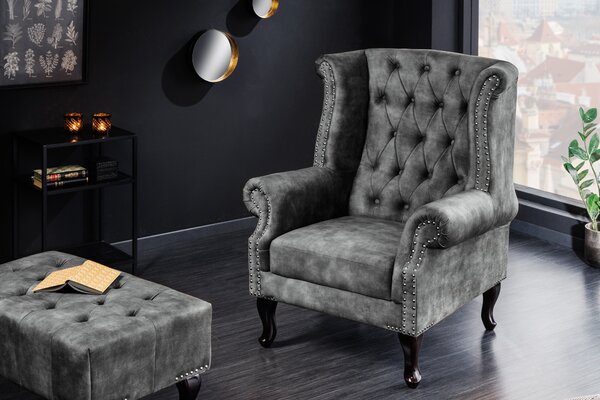 Estila Vintage taburetka Marlon so sivým zamatovým čalúnením s chesterfield prešívaním a masívnymi vyrezávanými nožičkami 80cm
