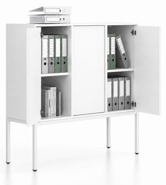 Kancelárska skriňa FRAME, nízka, biela podnož, 3x dvere, 1299 x 450 x 1331 mm, PUSH-lock, biela