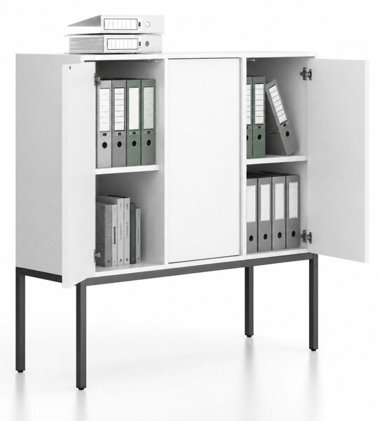 Kancelárska skriňa FRAME, nízka, čierna podnož, 3x dvere, 1299 x 450 x 1331 mm, PUSH-lock, biela