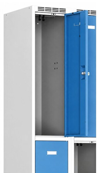 Kovová šatníková skrinka S6 na sokli s úložnými boxami, 4 boxy, 1920 x 600 x 500 mm, cylindrický zámok, tmavosivé dvere