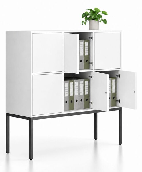 Kancelárska skriňa FRAME, nízka, čierna podnož, 6x dvere, 1299 x 450 x 1331 mm, PUSH-lock, biela