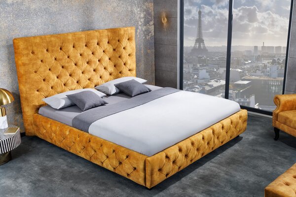 Estila Moderná manželská posteľ Kreon so zamatovým poťahom žltej farby s chesterfield prešívaním 160x200cm