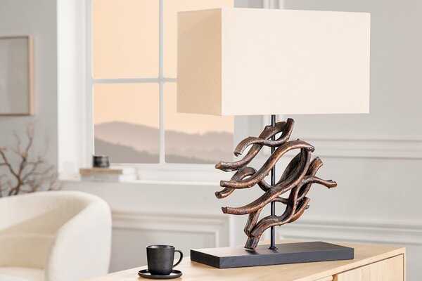 Estila Stolná lampa Ralyn vo vidieckom štýle s tienidlom v béžovej farbe s dekoračným prvkom z teakového dreva 57 cm