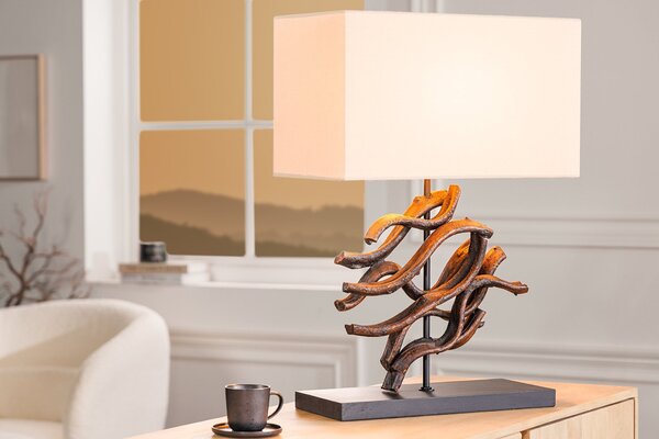 Estila Stolná lampa Ralyn vo vidieckom štýle s tienidlom v béžovej farbe s dekoračným prvkom z teakového dreva 57 cm