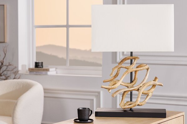 Estila Stolná lampa Rilyn vo vidieckom štýle s dekoračným detailom z teakového dreva a béžovým tienidlom 57 cm