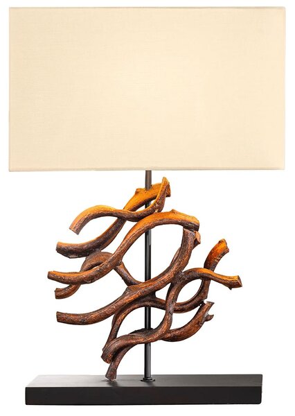 Estila Stolná lampa Ralyn vo vidieckom štýle s tienidlom v béžovej farbe s dekoračným prvkom z teakového dreva 57 cm
