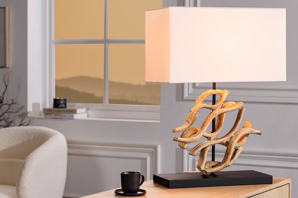 Estila Stolná lampa Rilyn vo vidieckom štýle s dekoračným detailom z teakového dreva a béžovým tienidlom 57 cm