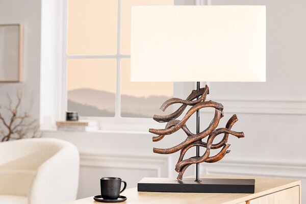 Estila Stolná lampa Ralyn vo vidieckom štýle s tienidlom v béžovej farbe s dekoračným prvkom z teakového dreva 57 cm