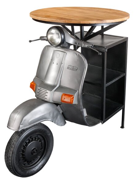 Estila Industriálny barový stôl Scooter s dizajnom motorky a policami a vrchnou doskou z mangového dreva strieborná 116 cm