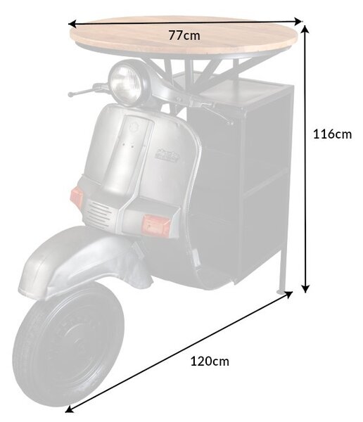 Estila Industriálny barový stôl Scooter s dizajnom motorky a policami a vrchnou doskou z mangového dreva strieborná 116 cm