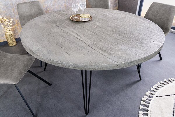 Estila Industriálny okrúhly jedálenský stôl Moonlight s vrchnou doskou z mangového masívu v svetlom sivom spracovaní 120 cm