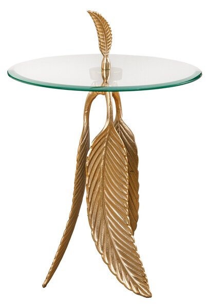 Estila Art-deco okrúhly príručný stolík Pluma so sklenenou vrchnou doskou a podstavou s dizajnom pierok v zlatej farbe 45 cm