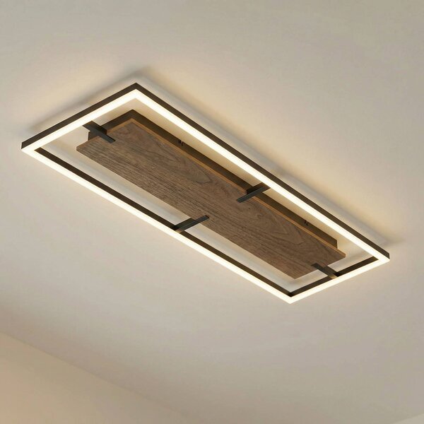 Stropné LED svetlo Lucande Vectra, 100 x 30 cm, drevo, stmievateľné, Tmavé drevo, Obývacia izba / jedáleň, Plast, Moderný, Stropné svetlo