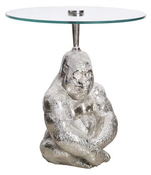 Estila Luxusný glamour okrúhly príručný stolík Tierra Glam s podstavou v tvare gorily a so sklenenou vrchnou doskou strieborná 51 cm
