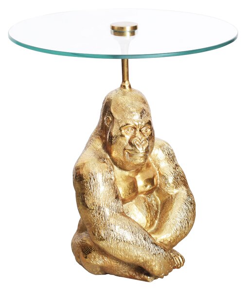 Estila Luxusný okrúhly príručný stolík Wilde v art-deco štýle s podstavou s figúrou gorily v zlatej farbe a sklenenou doskou 51 cm