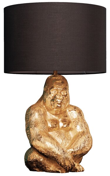 Estila Dizajnová stolná lampa Apell s kovovou podstavou v zlatej farbe v tvare gorily a s kruhovým čiernym tienidlom 60 cm