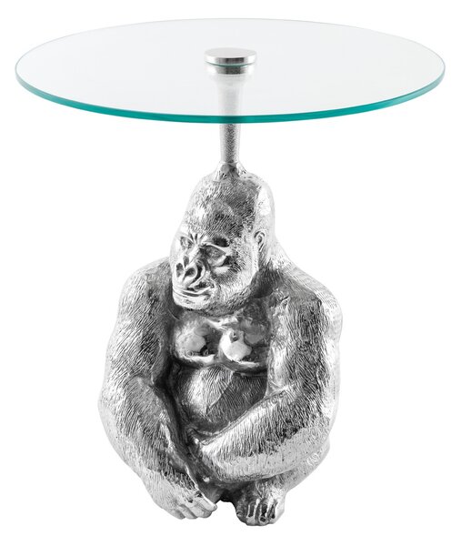Estila Luxusný glamour okrúhly príručný stolík Tierra Glam s podstavou v tvare gorily a so sklenenou vrchnou doskou strieborná 51 cm